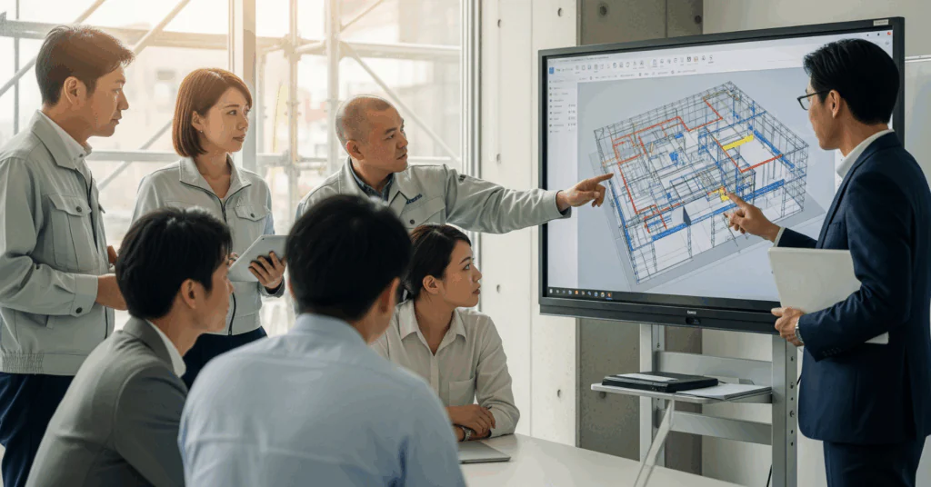 between-the-Client-and-the-On-site-Team - 電子黒板モニまる 建設現場の仮設事務所で使う電子黒板モニまる