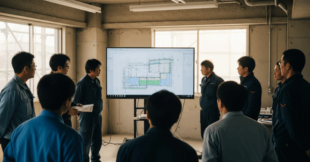 Briefing-and-Information-Sharing - 電子黒板モニまる 建設現場の仮設事務所で使う電子黒板モニまる
