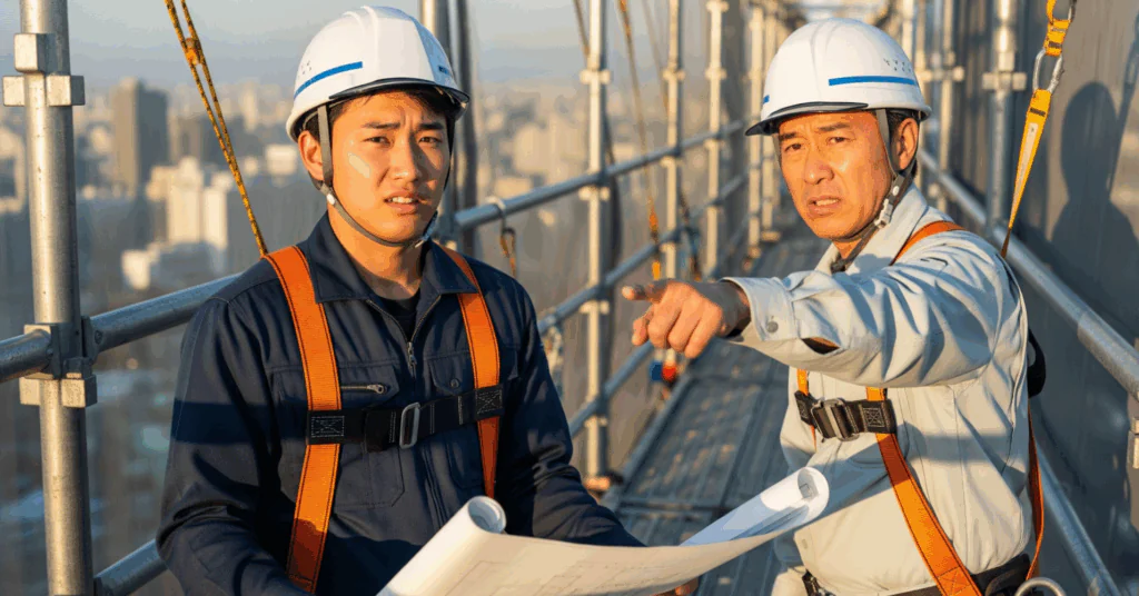 high-altitude Workers-checking-drawings_img - 電子黒板モニまる 電子黒板モニまるの導入事例画像