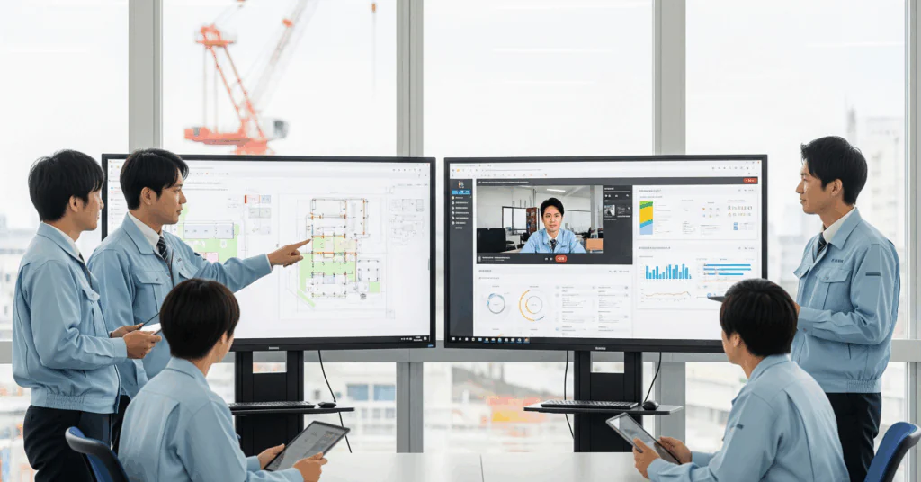 Hybrid-Meeting-Sharing-Data-and-Blueprints - 電子黒板モニまる 建設現場の仮設事務所で使う電子黒板モニまる