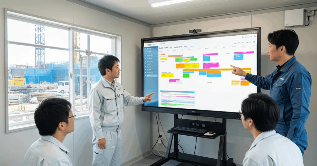 Meeting-at-the-On-site-Office - 電子黒板モニまる 建設現場の仮設事務所で使う電子黒板モニまる
