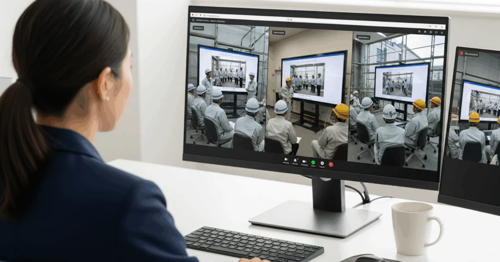 Remote-Training-Connecting-Multiple-Locations - 電子黒板モニまる 建設現場の仮設事務所で使う電子黒板モニまる