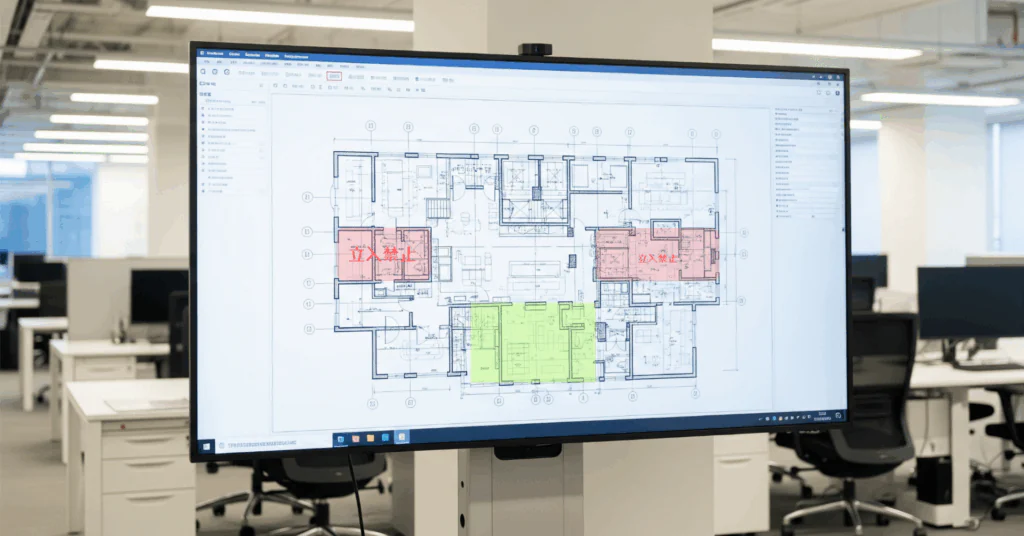 Restricted-Areas-on-a-Blueprint - 電子黒板モニまる 建設現場の仮設事務所で使う電子黒板モニまる