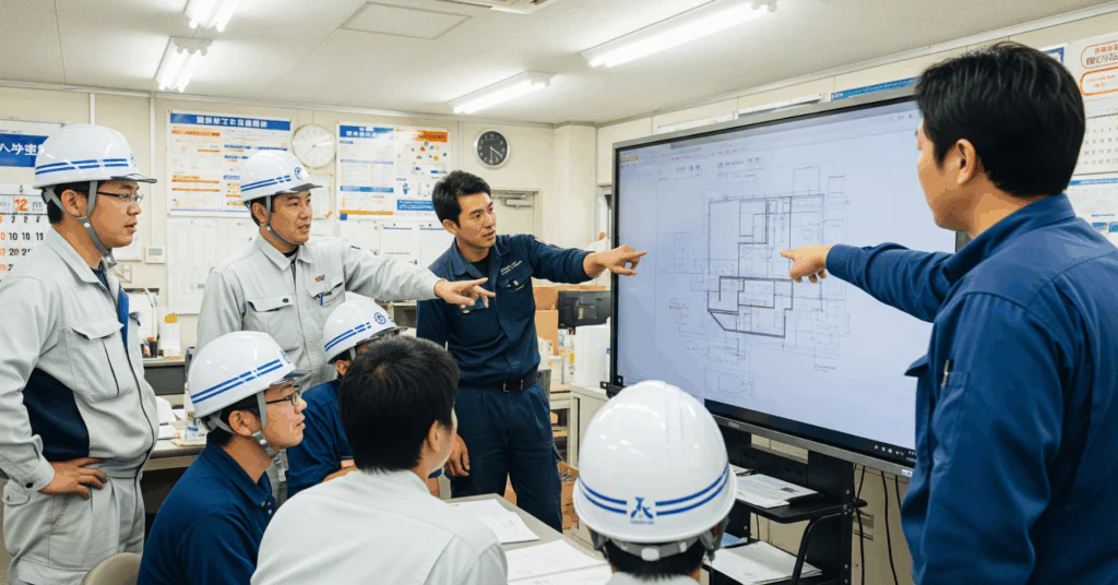 Review-Meeting-at-the-Site-Office - 電子黒板モニまる 建設現場の仮設事務所で使う電子黒板モニまる