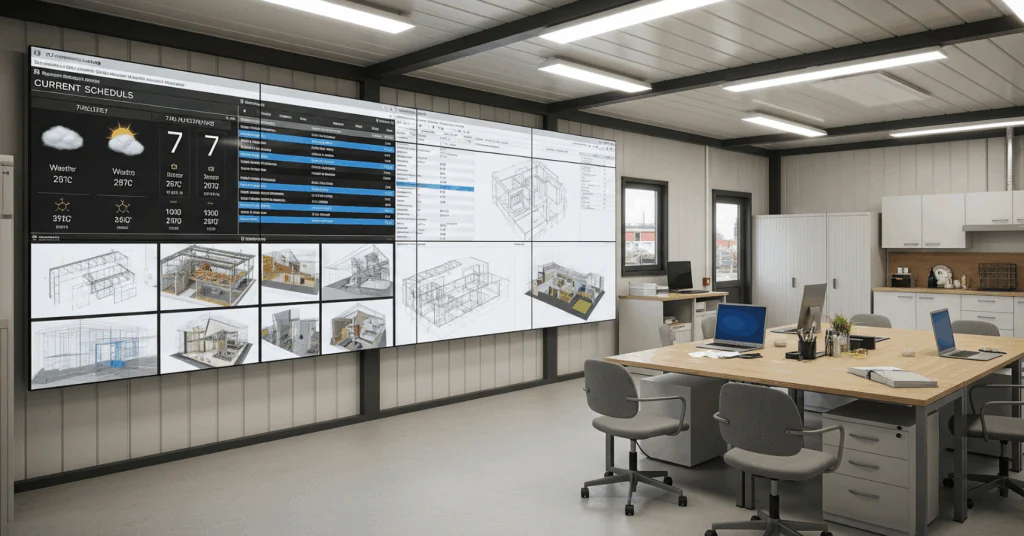 Site-Office-Equipped-with-the-Latest - 電子黒板モニまる 建設現場の仮設事務所で使う電子黒板モニまる