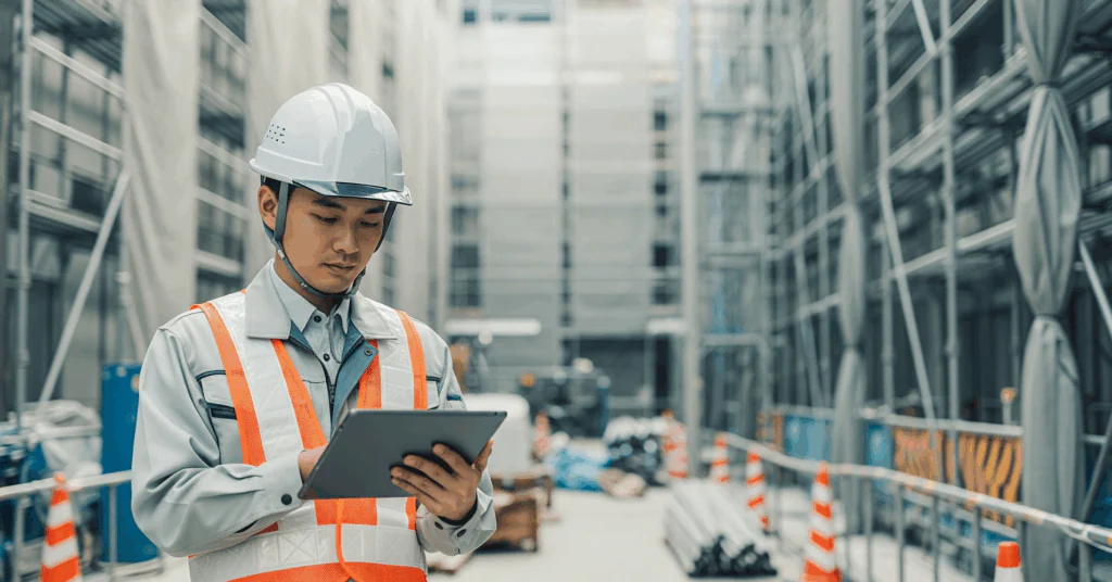 Tablet-Device-on-the-Construction-Site - 電子黒板モニまる 建設現場の仮設事務所で使う電子黒板モニまる