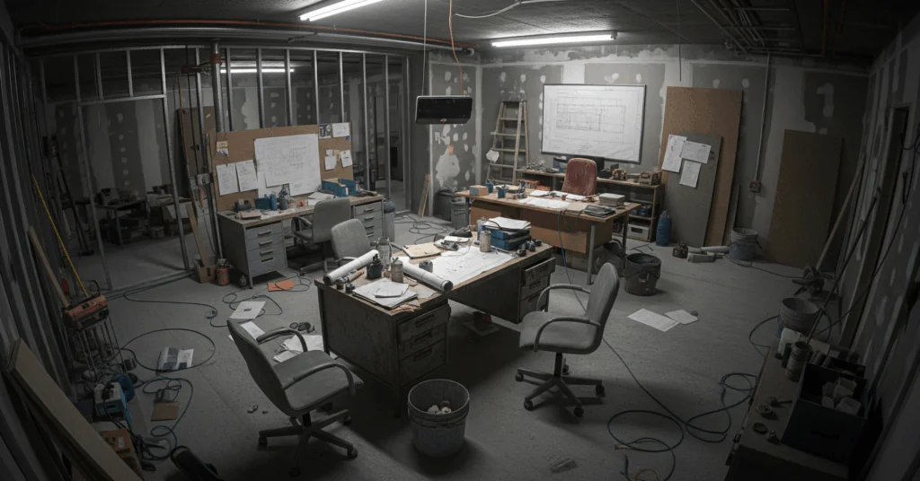 Temporary-Office-on-a-Construction-Site - 電子黒板モニまる 建設現場の仮設事務所で使う電子黒板モニまる