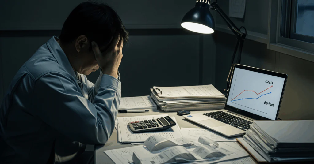 The-Stress-of-a-Budget-Overrun - 電子黒板モニまる 建設現場の仮設事務所で使う電子黒板モニまる