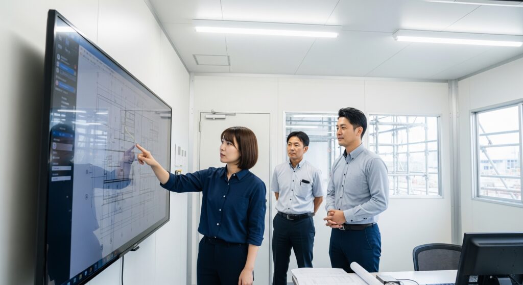 電子黒板で図面を確認する現場の様子]